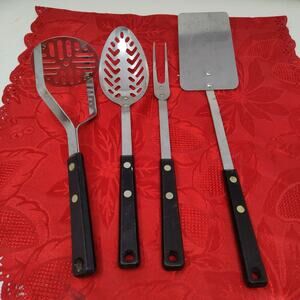 4X Ekco Flint Arrowhead Utensil Set Vanadium Fork Spoon Mash Black Handle Vtg